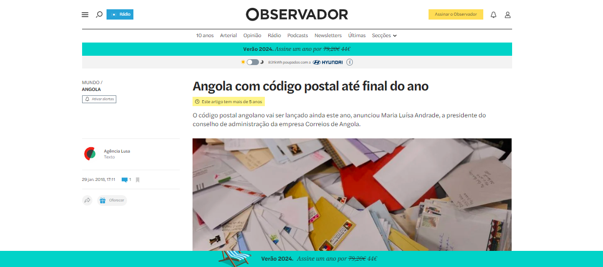 Imagem: Observador [Noticia sobre códigos postais em Angola em 2018]